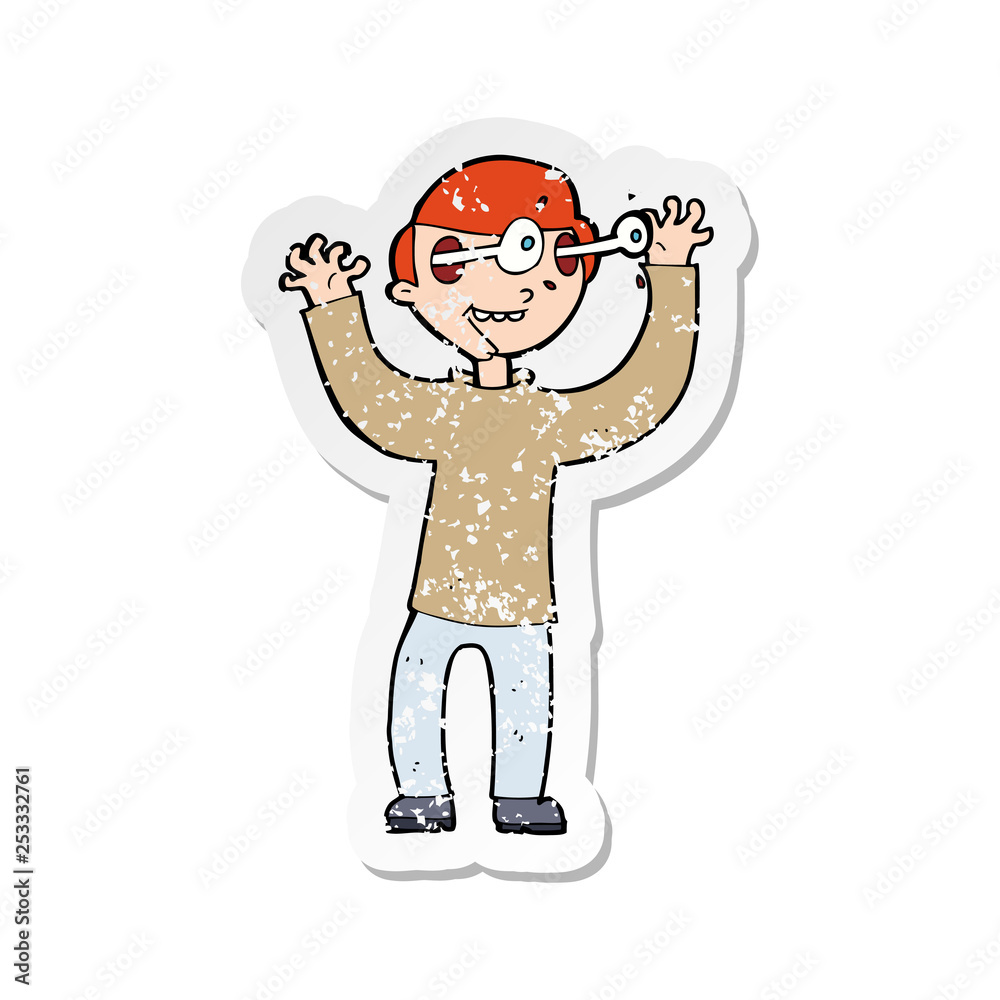 retro distressed sticker of a cartoon man with eyes popping out of head retro distressed sticker of a cartoon man with eyes popping out of head