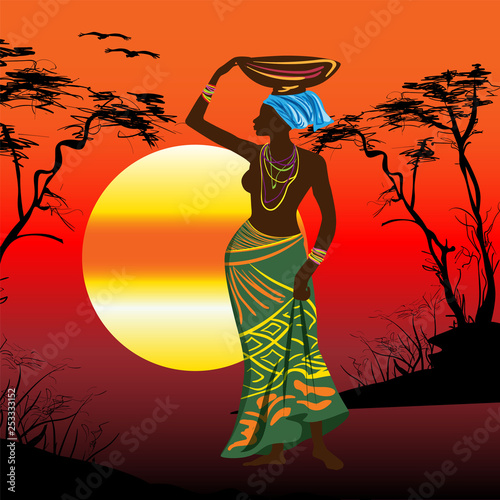 Africa, savannah, sunrise, sunset. Woman, silhouette, panorama, nature, travel.