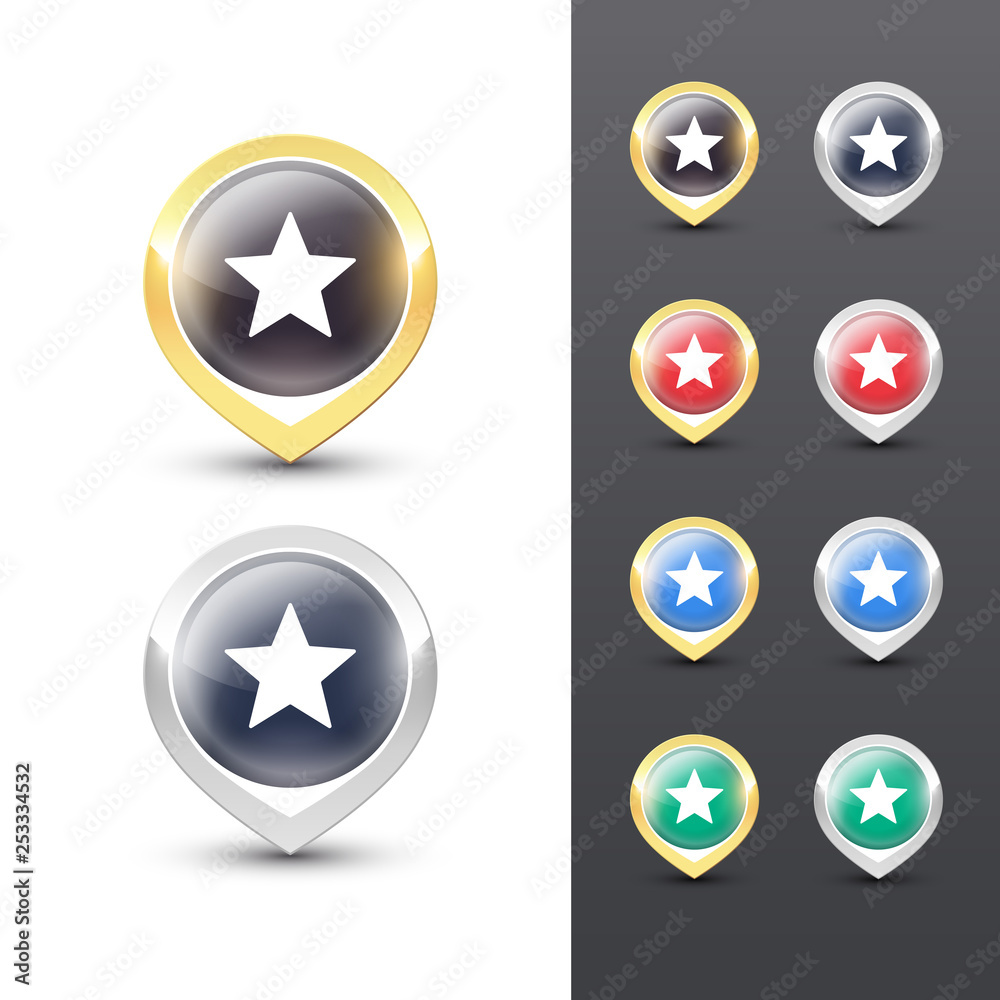 Map pointer icons. Location markers with a star symbol. Map pointer icons. Location markers with a star symbol.