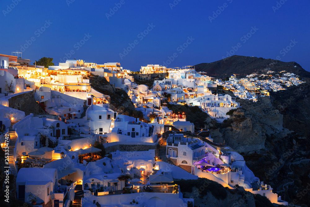 View of the city of Oia in the evening. Santorini Island in Greece