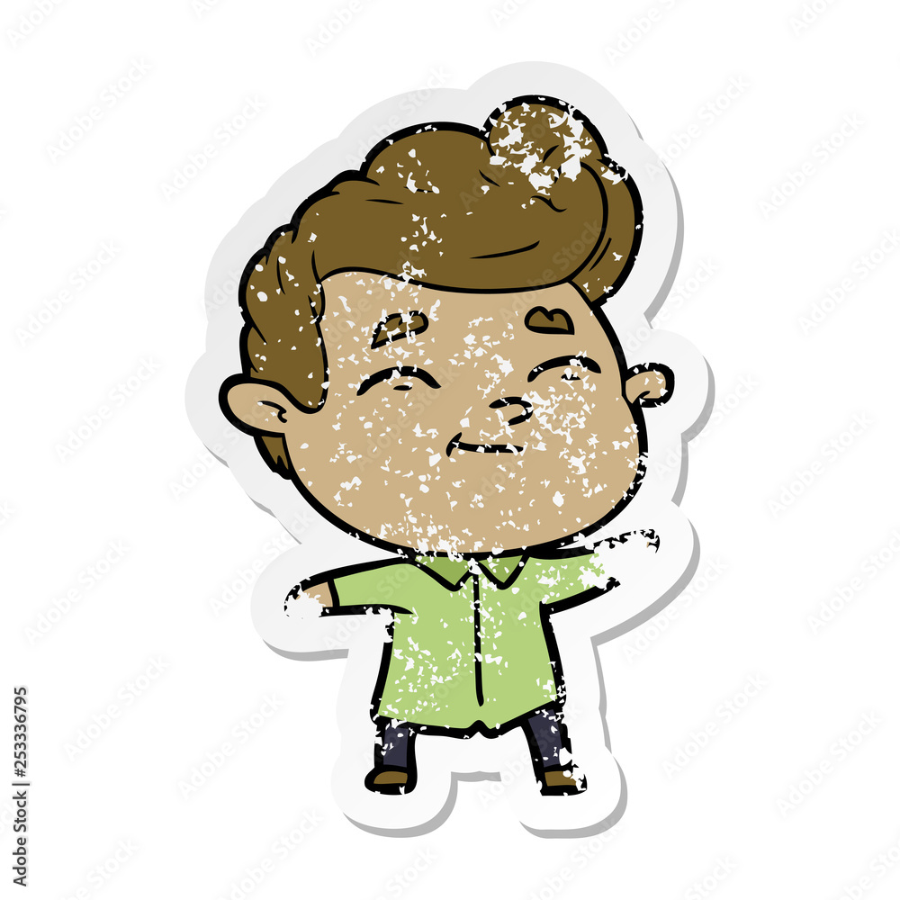 distressed sticker of a happy cartoon man distressed sticker of a happy cartoon man