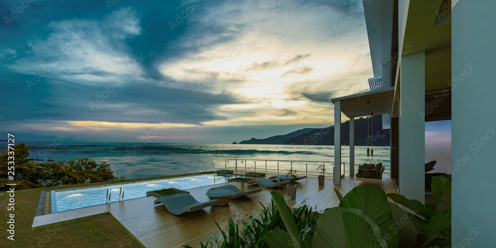 Sea view swimming pool in modern loft design,Luxury ocean Beach house ...