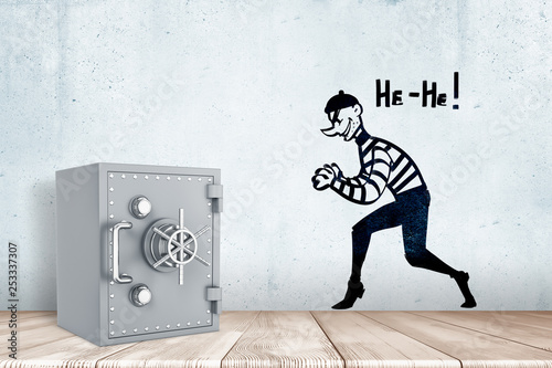 Fototapeta Naklejka Na Ścianę i Meble -  3d rendering of a light-grey metal safe on a wooden surface near a wall with a drawing of a tiptoeing thief and words He-He on it.