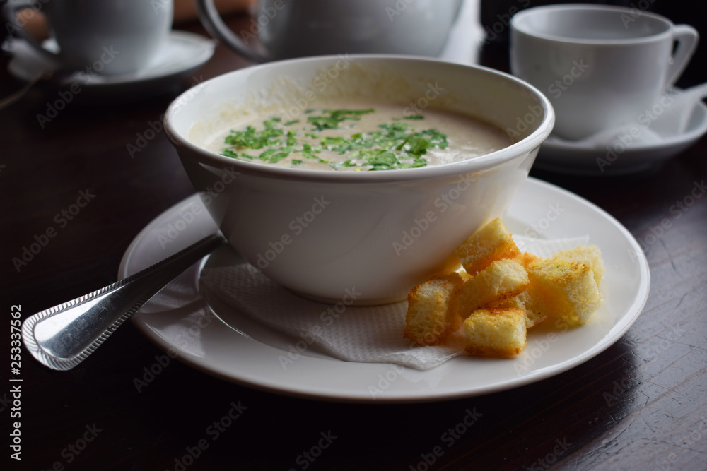 Delicious mushroom cream soup with crackers in a white plate. Delicious mushroom cream soup with crackers in a white plate.