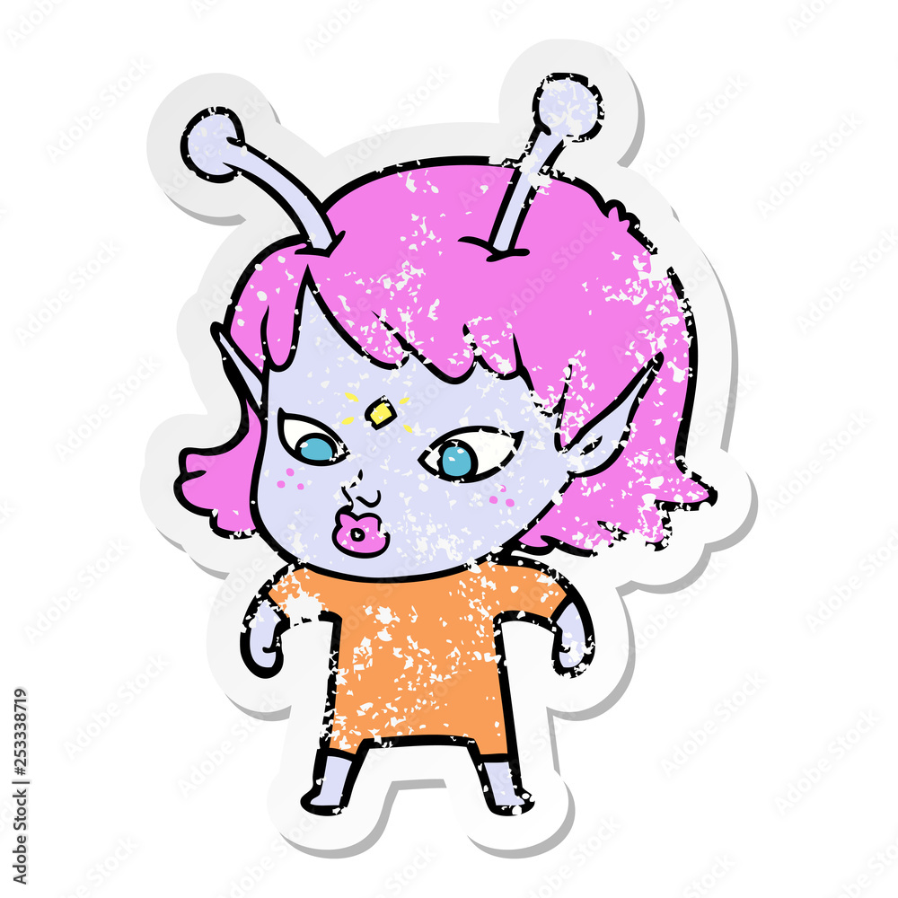 distressed sticker of a pretty cartoon alien girl distressed sticker of a pretty cartoon alien girl