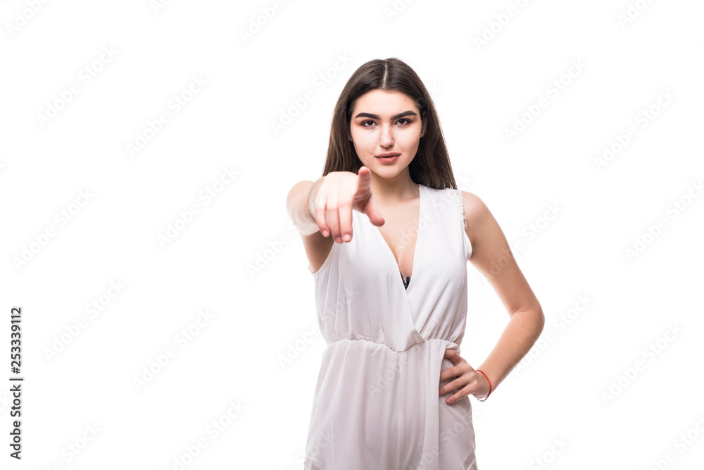 Happy pretty woman pointing at you isolated on white background Happy pretty woman pointing at you isolated on white background