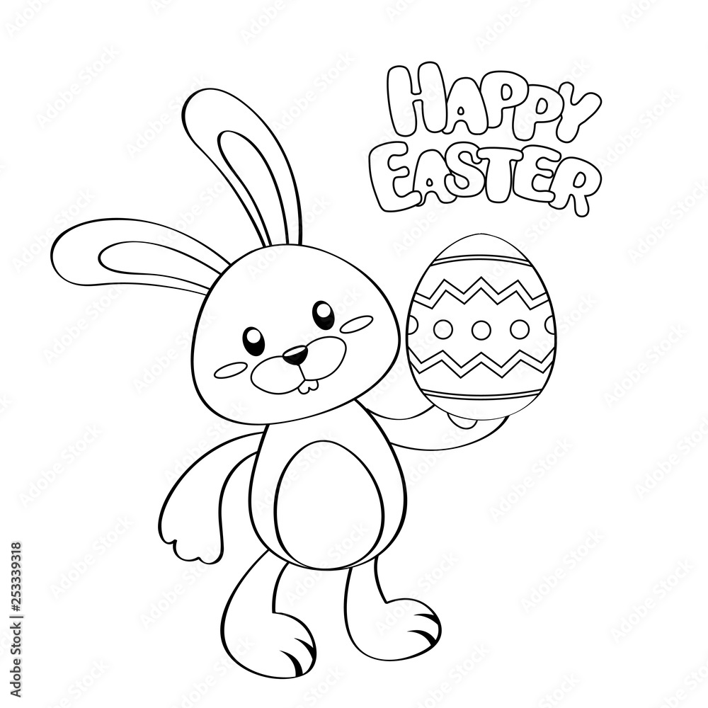 Happy easter card. Cute cartoon Easter bunny with egg. Black and white