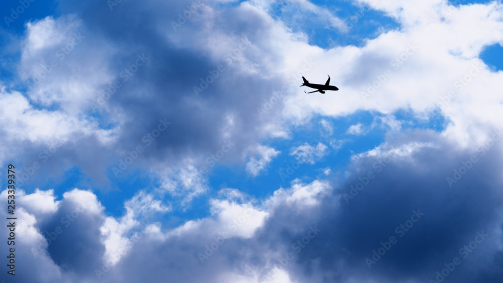 Flying jet in the sky background