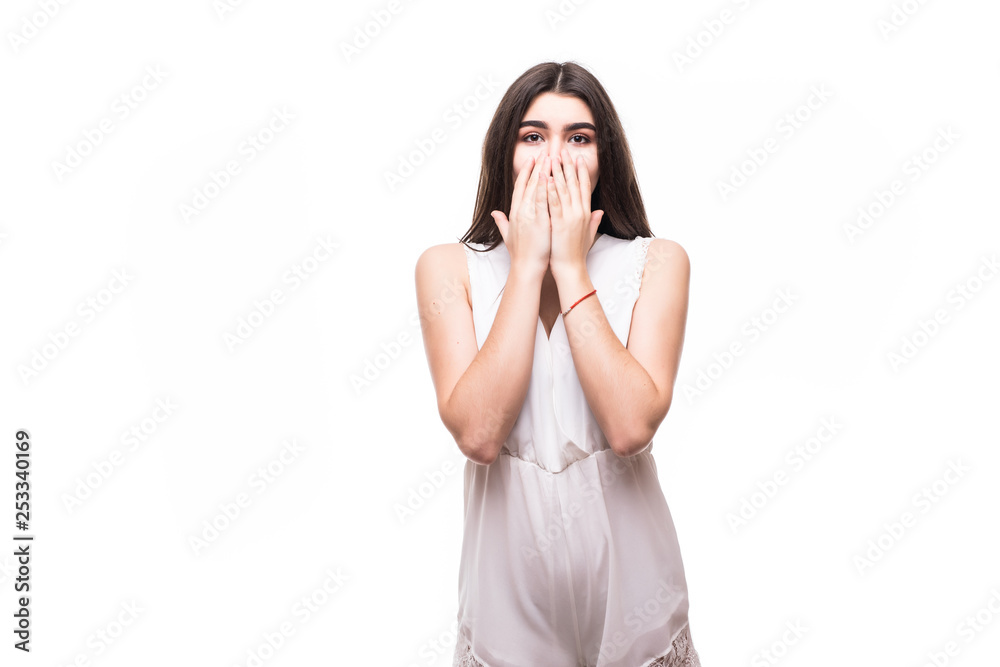 Closeup portrait of surprised young woman looking shocked in full disbelief hands on mouth open eyes with glasses, isolated on blue background. Positive human emotion facial Closeup portrait of surprised young woman looking shocked in full disbelief hands on mouth open eyes with glasses, isolated on blue background. Positive human emotion facial
