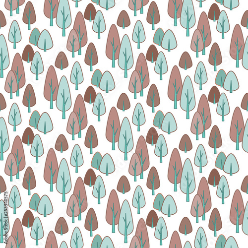 Seamless stylish pattern with cute hand drawn Doodle Pine Trees. Vector Outline illustration, White on Green