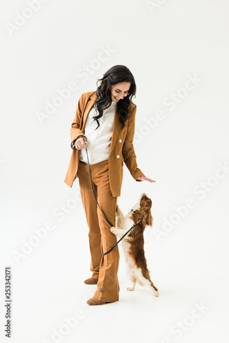 Smiling pregnant woman in brown suit playing with dog on white background