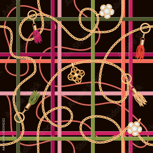 Seamless pattern with belts,chains, pendant and tassels. Colorful trendy print for fabric, scarf, cravat design. Vector