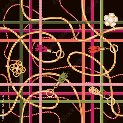 Seamless pattern with belts,chains, pendant and tassels. Colorful trendy print for fabric, scarf, cravat design. Vector
