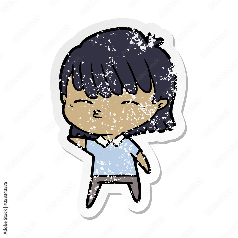distressed sticker of a cartoon woman distressed sticker of a cartoon woman