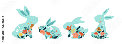 Happy Easter vector illustrations of bunnies, rabbits icons, decorated with flowers © Marina Zlochin