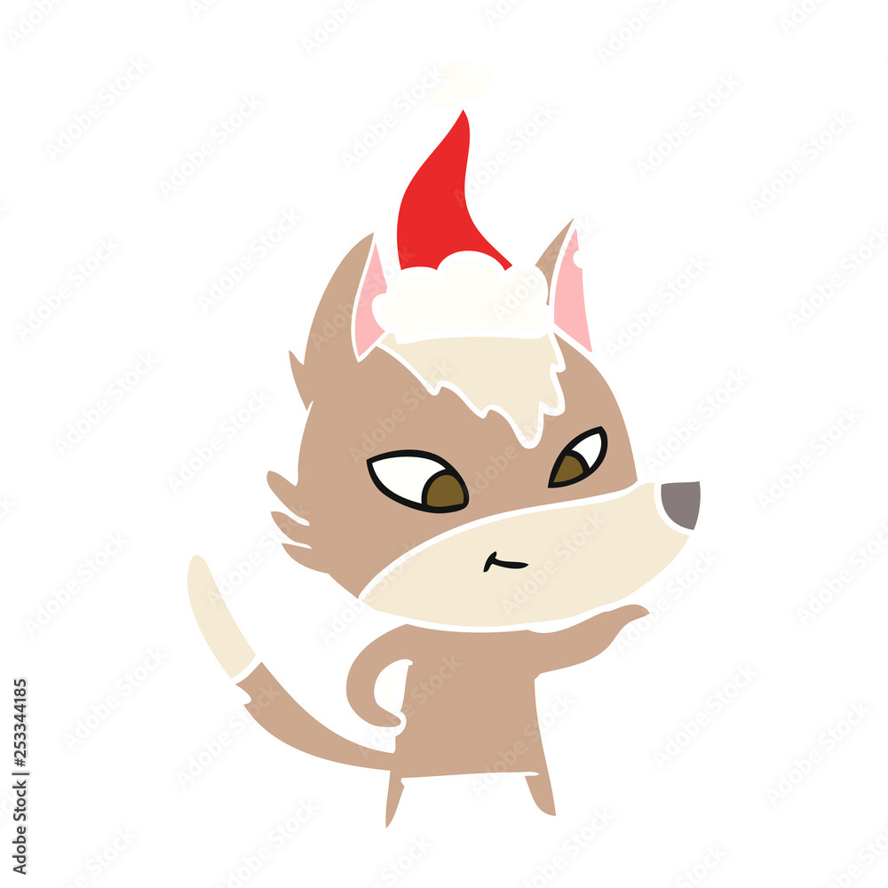 friendly flat color illustration of a wolf wearing santa hat friendly flat color illustration of a wolf wearing santa hat