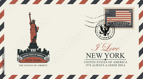 Vector postcard or envelope with New York Statue of Liberty and inscriptions. Postcard with postmark in form of coat of arms and postage stamp with flag of United States of America