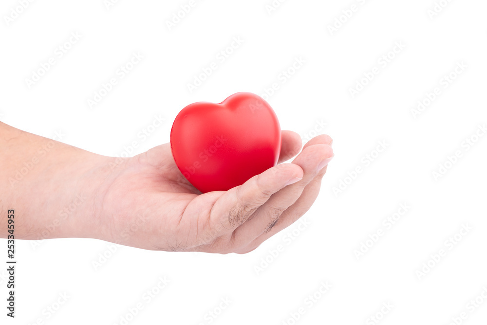 Concept of love for valentine day or Healthcare : Man's hand holding a red heart for give to someone isolated on white background