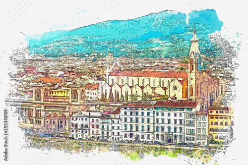 Watercolor sketch or illustration of a beautiful view of the cityscape of Florence in Italy