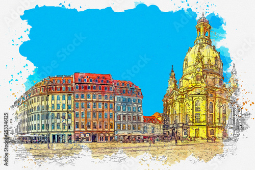 Watercolor sketch or illustration of a beautiful view of the main city square with the famous Church of Our Lady in Dresden in Germany