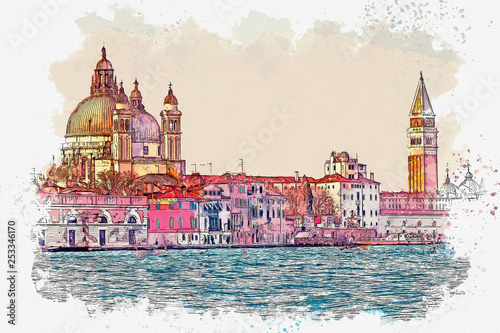 Watercolor sketch or illustration of a beautiful view of the cityscape of Venice in Italy