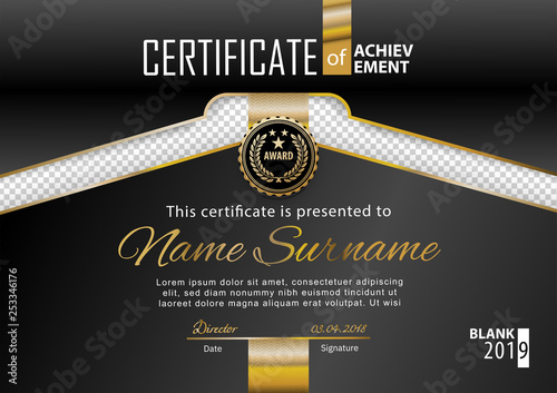 Official black certificate with gold line, transparency design element. . Business clean modern design. Black emblem