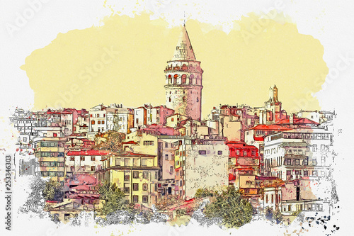 Canvas Print Watercolor sketch or illustration of a beautiful view of the traditional Turkish