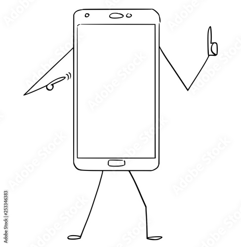 Cartoon stick figure drawing conceptual illustration of mobile phone character pointing at empty display and showing thumb up.