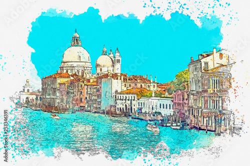 Watercolor sketch or illustration of a beautiful view of the Grand Canal with Basilica di Santa Maria della Salute in Venice, Italy