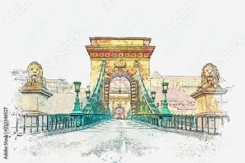 Photography Watercolor sketch or illustration of a beautiful view of the bridge over the Dan