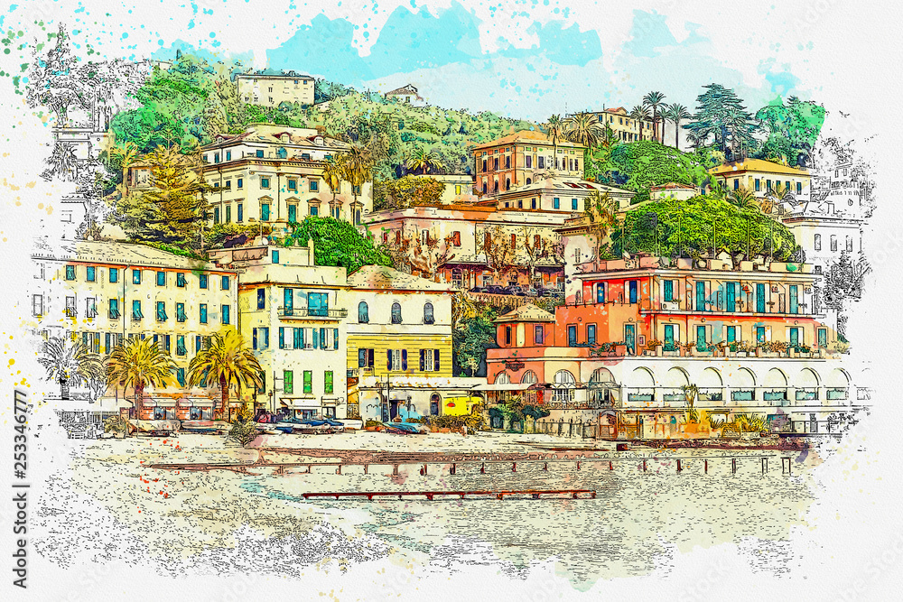 Watercolor sketch or illustration of a beautiful view of Santa Margherita Ligure - a commune in Italy, located in the Liguria region, in the province of Genoa