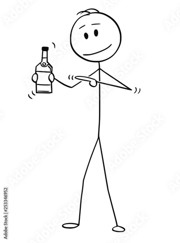 Cartoon stick figure drawing conceptual illustration of man holding bottle of alcohol and pointing at it.
