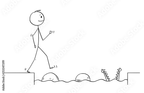 Cartoon stick figure drawing conceptual illustration of man or businessman stepping on big stones to get over water obstacle on his way to success ignoring danger.Business concept.