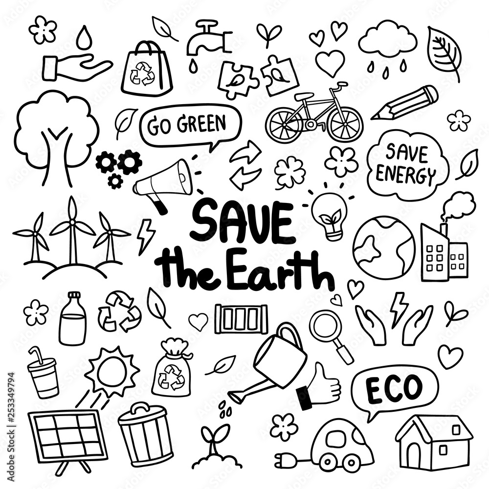 Save the Earth hand drawn doodles concept Stock Vector | Adobe Stock