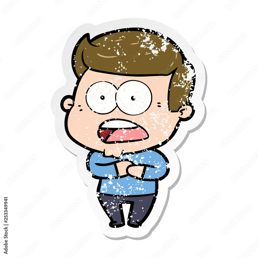 distressed sticker of a cartoon shocked man