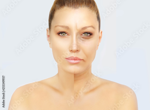 Aging. Mature woman-young woman.Face with skin problem