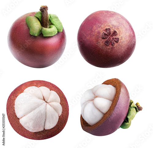 Mangosteens with leafs isolated on white background