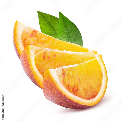 Red oranges with leafs isolated on white background