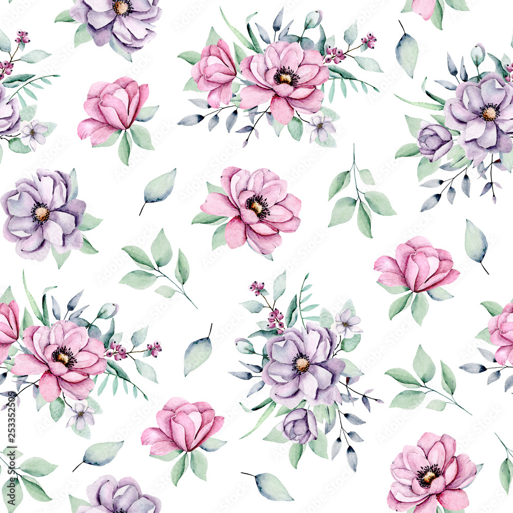 Seamless background, floral pattern with bouquets watercolor flowers pink and violet peonies, leaves. Repeating fabric wallpaper print texture. Perfectly for wrapped paper, backdrop. Hand paint.