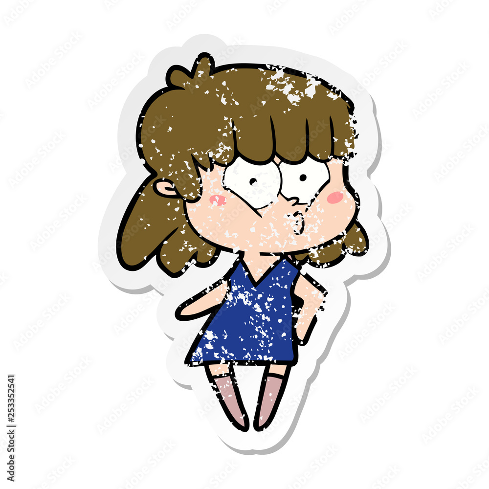 distressed sticker of a cartoon whistling girl distressed sticker of a cartoon whistling girl