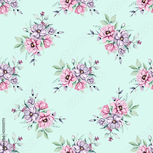 Seamless background, floral pattern with bouquets watercolor flowers pink and violet peonies, leaves. Repeating fabric wallpaper print texture. Perfectly for wrapped paper, backdrop. Hand paint.