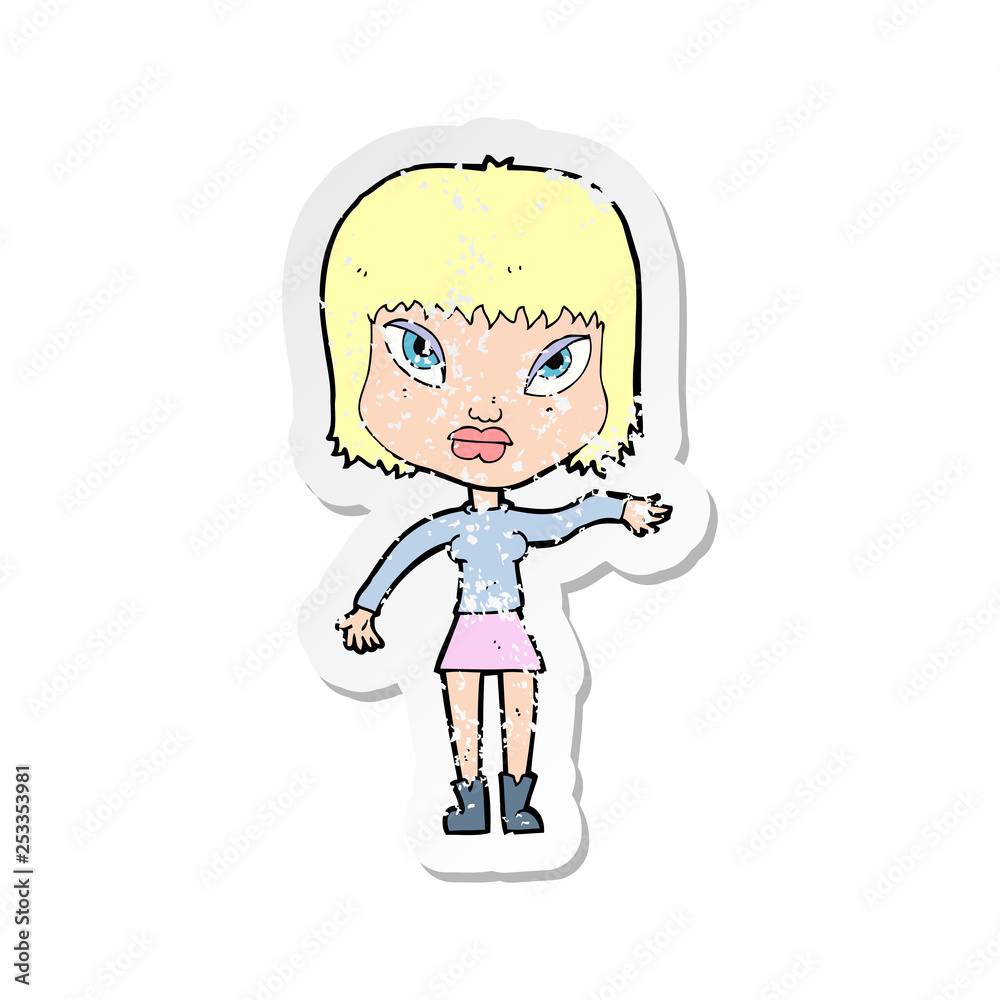 retro distressed sticker of a cartoon woman making gesture retro distressed sticker of a cartoon woman making gesture