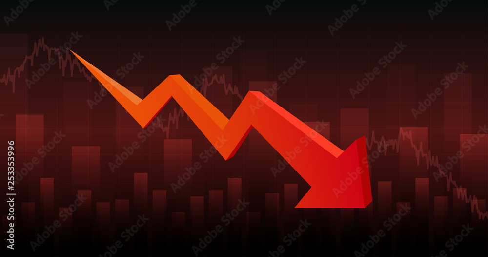 Widescreen abstract financial chart with downtrend line graph arrow in stock market in red color background Widescreen abstract financial chart with downtrend line graph arrow in stock market in red color background