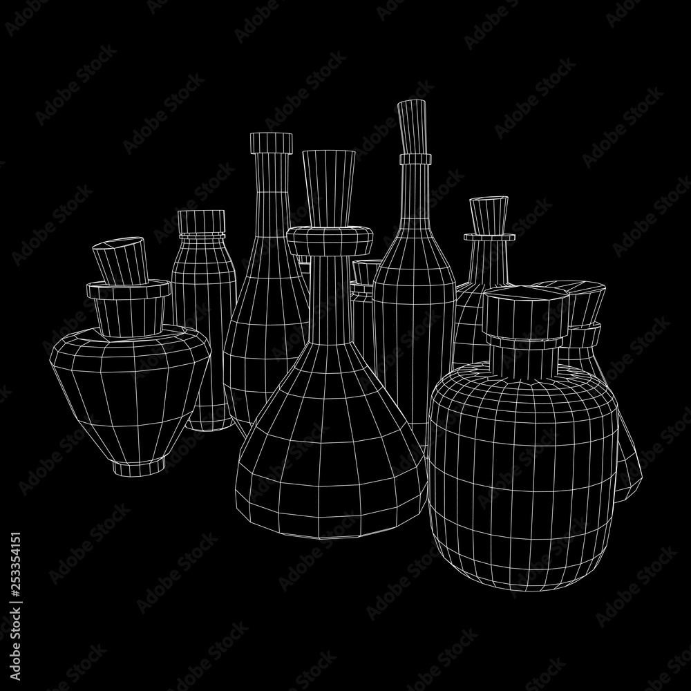 Different wine bottles. Model wireframe low poly mesh vector illustration Different wine bottles. Model wireframe low poly mesh vector illustration
