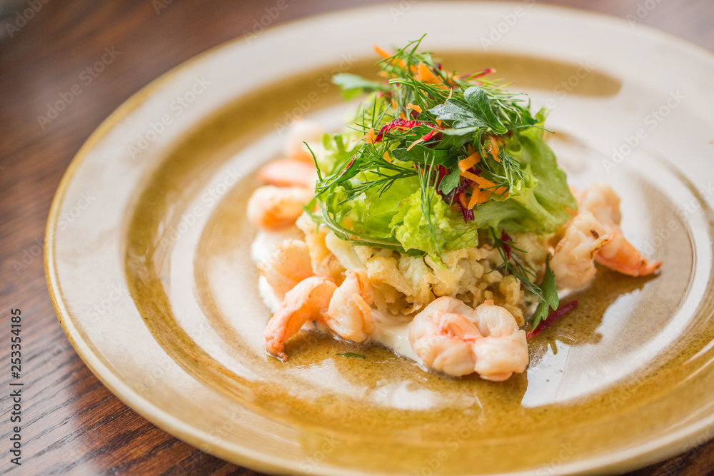 spring salad with herbs and boiled shrimps spring salad with herbs and boiled shrimps
