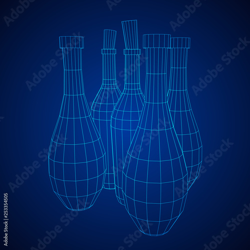 Different wine bottles. Model wireframe low poly mesh vector illustration