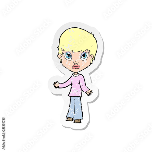 retro distressed sticker of a cartoon woman shrugging shoulders