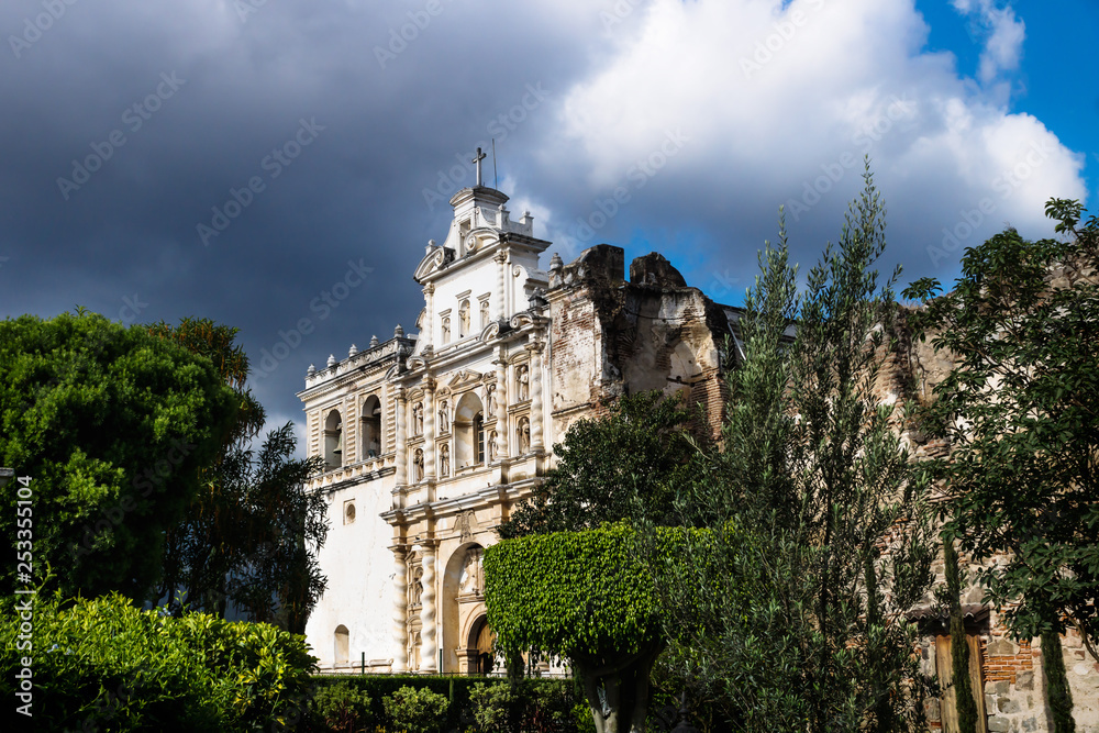 Church of San Fransisco el Grande with dramatic sky, Antigua, Guatemala