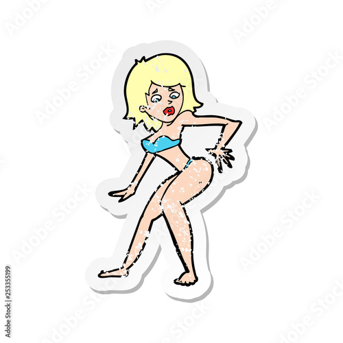 retro distressed sticker of a cartoon woman in bikini