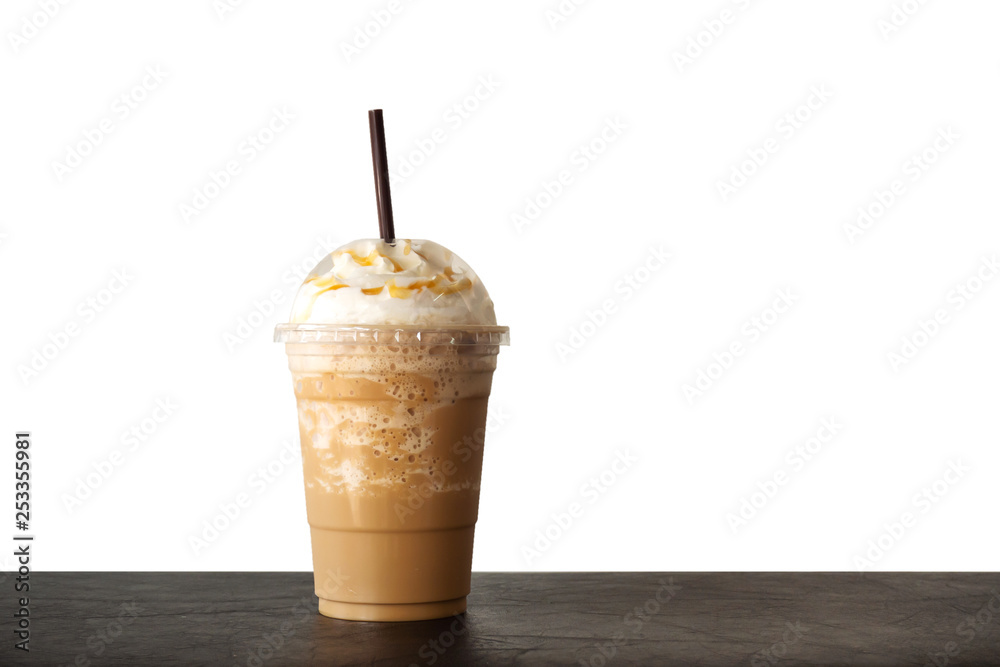 Cappuccino blended in plastic cup. Served with whipped cream. Refreshment drink. Favorite caffeine beverage. - obrazy, fototapety, plakaty 
